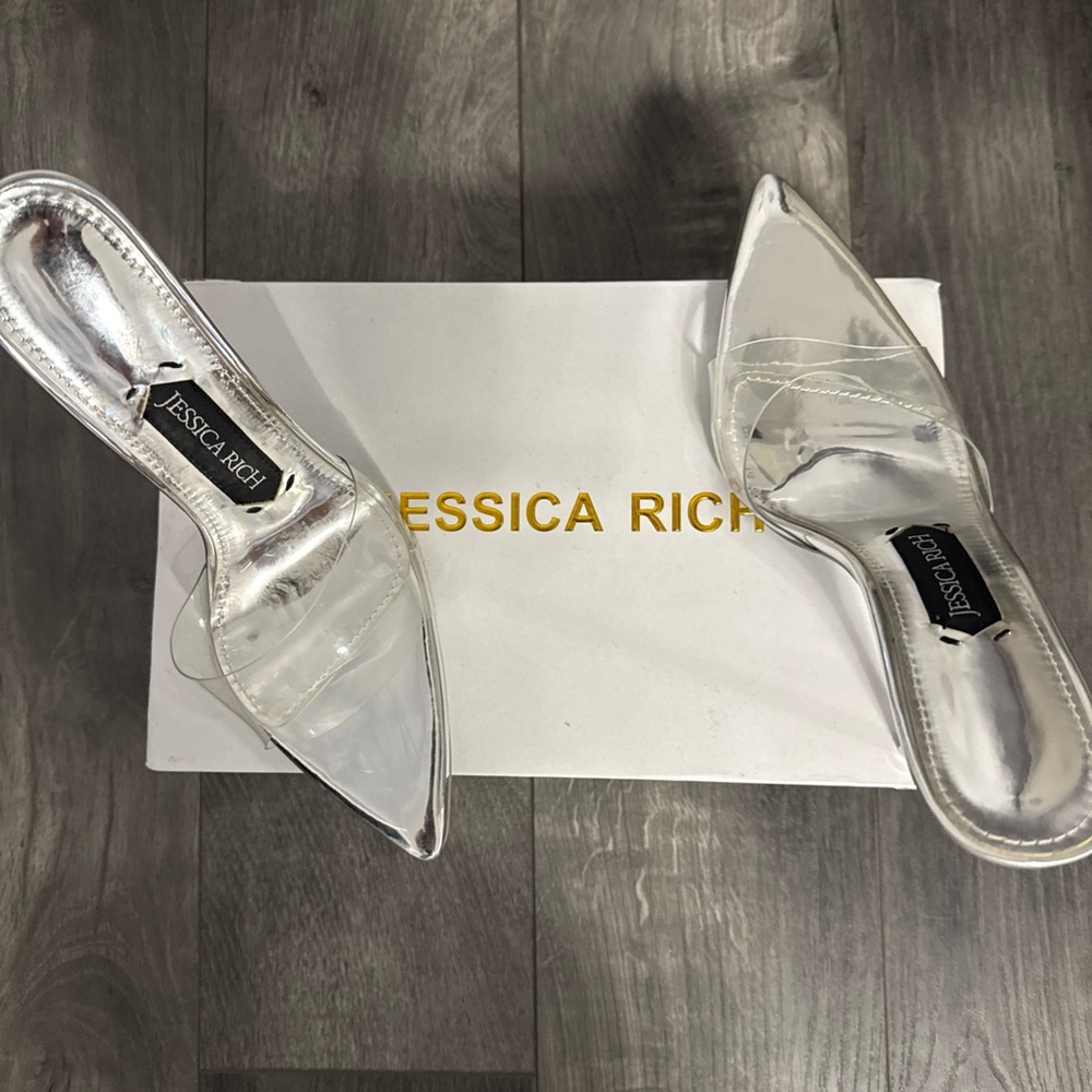 Jessica Rich Silver Pointed Open Toe Stiletto Mule Heels